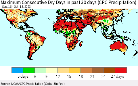 World Maximum Consecutive Dry Days in past 30 days (CPC Precipitation) Thematic Map For 10/11/2023 - 10/15/2023