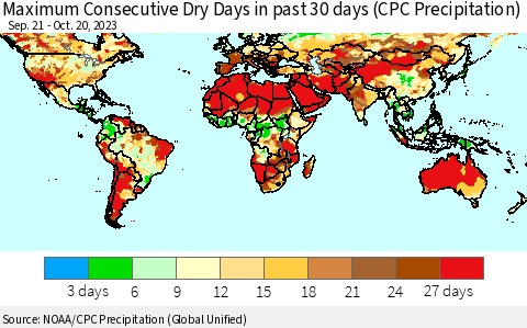 World Maximum Consecutive Dry Days in past 30 days (CPC Precipitation) Thematic Map For 10/16/2023 - 10/20/2023