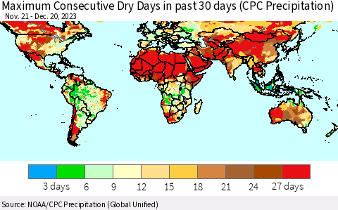 World Maximum Consecutive Dry Days in past 30 days (CPC Precipitation) Thematic Map For 12/16/2023 - 12/20/2023