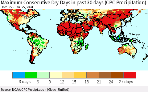 World Maximum Consecutive Dry Days in past 30 days (CPC Precipitation) Thematic Map For 1/21/2024 - 1/25/2024