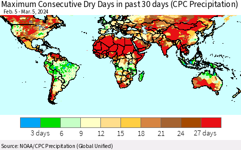 World Maximum Consecutive Dry Days in past 30 days (CPC Precipitation) Thematic Map For 3/1/2024 - 3/5/2024