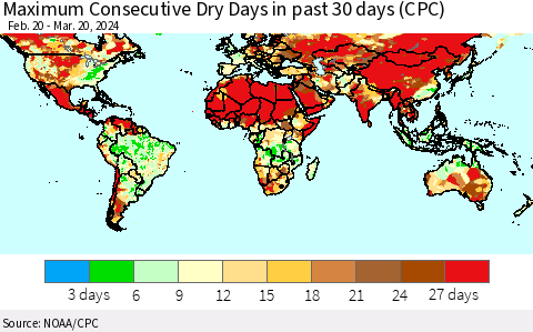 World Maximum Consecutive Dry Days in past 30 days (CPC) Thematic Map For 3/16/2024 - 3/20/2024