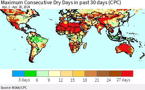 World Maximum Consecutive Dry Days in past 30 days (CPC) Thematic Map For 4/26/2024 - 4/30/2024