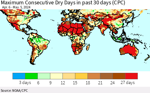 World Maximum Consecutive Dry Days in past 30 days (CPC) Thematic Map For 5/1/2024 - 5/5/2024