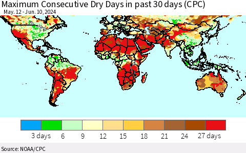 World Maximum Consecutive Dry Days in past 30 days (CPC) Thematic Map For 6/6/2024 - 6/10/2024