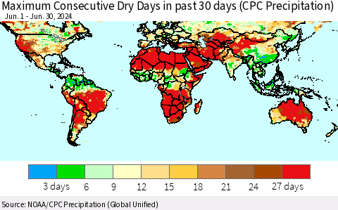World Maximum Consecutive Dry Days in past 30 days (CPC Precipitation) Thematic Map For 6/26/2024 - 6/30/2024
