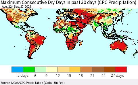 World Maximum Consecutive Dry Days in past 30 days (CPC Precipitation) Thematic Map For 9/16/2024 - 9/20/2024