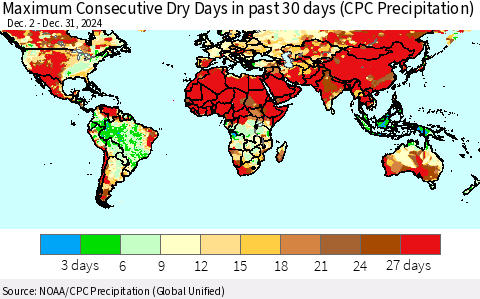 World Maximum Consecutive Dry Days in past 30 days (CPC Precipitation) Thematic Map For 12/26/2024 - 12/31/2024