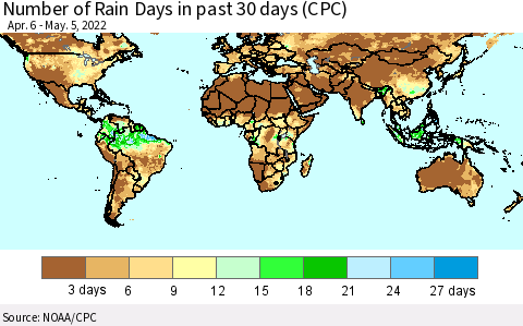 World Number of Rain Days in past 30 days (CPC) Thematic Map For 5/1/2022 - 5/5/2022