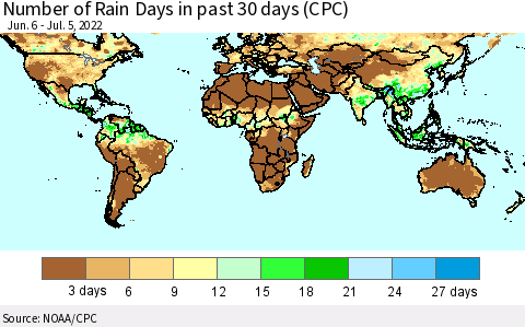 World Number of Rain Days in past 30 days (CPC) Thematic Map For 7/1/2022 - 7/5/2022