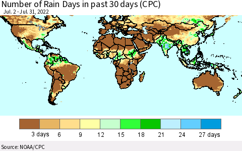 World Number of Rain Days in past 30 days (CPC) Thematic Map For 7/26/2022 - 7/31/2022