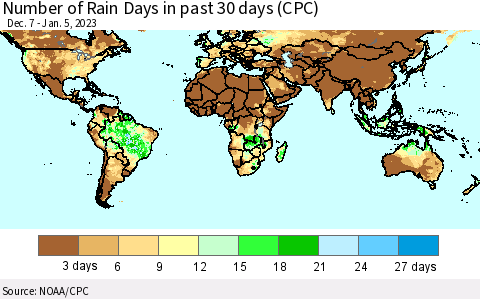 World Number of Rain Days in past 30 days (CPC) Thematic Map For 1/1/2023 - 1/5/2023
