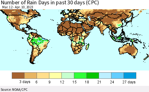 World Number of Rain Days in past 30 days (CPC) Thematic Map For 4/6/2023 - 4/10/2023