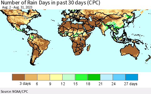 World Number of Rain Days in past 30 days (CPC) Thematic Map For 8/26/2023 - 8/31/2023