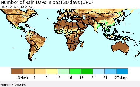 World Number of Rain Days in past 30 days (CPC) Thematic Map For 9/6/2023 - 9/10/2023