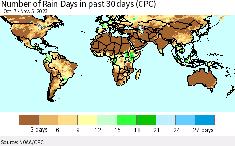 World Number of Rain Days in past 30 days (CPC) Thematic Map For 11/1/2023 - 11/5/2023