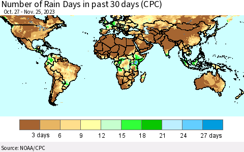 World Number of Rain Days in past 30 days (CPC) Thematic Map For 11/21/2023 - 11/25/2023