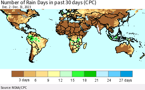 World Number of Rain Days in past 30 days (CPC) Thematic Map For 12/26/2023 - 12/31/2023