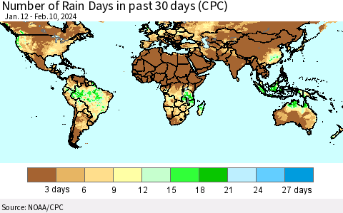 World Number of Rain Days in past 30 days (CPC) Thematic Map For 2/6/2024 - 2/10/2024