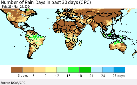 World Number of Rain Days in past 30 days (CPC) Thematic Map For 3/21/2024 - 3/25/2024
