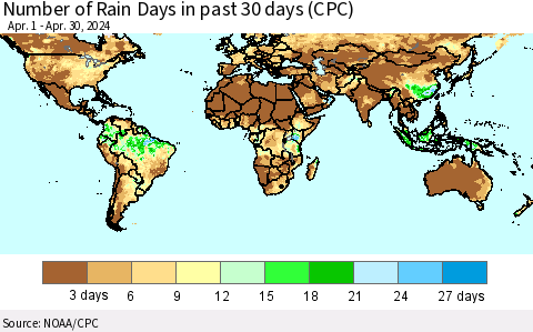 World Number of Rain Days in past 30 days (CPC) Thematic Map For 4/26/2024 - 4/30/2024