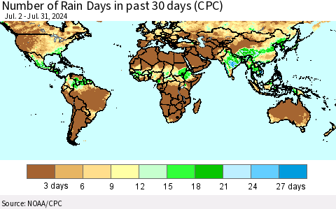 World Number of Rain Days in past 30 days (CPC) Thematic Map For 7/26/2024 - 7/31/2024