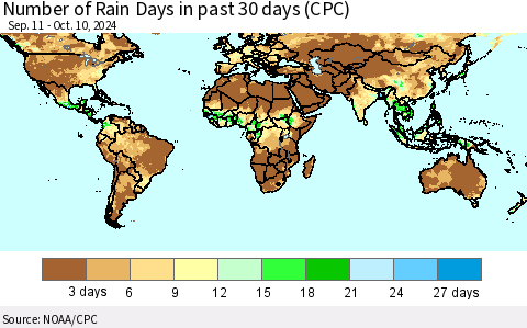 World Number of Rain Days in past 30 days (CPC) Thematic Map For 10/6/2024 - 10/10/2024