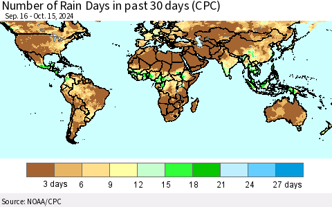 World Number of Rain Days in past 30 days (CPC) Thematic Map For 10/11/2024 - 10/15/2024