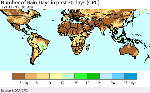 World Number of Rain Days in past 30 days (CPC) Thematic Map For 11/6/2024 - 11/10/2024