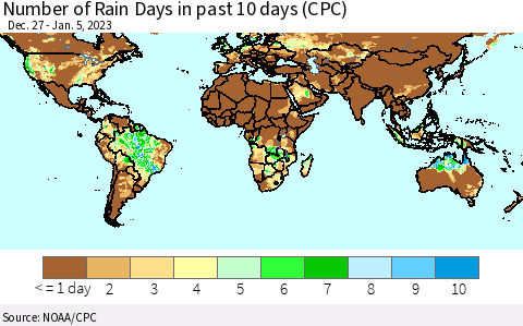 World Number of Rain Days in past 10 days (CPC) Thematic Map For 1/1/2023 - 1/5/2023