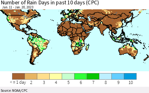 World Number of Rain Days in past 10 days (CPC) Thematic Map For 1/16/2023 - 1/20/2023