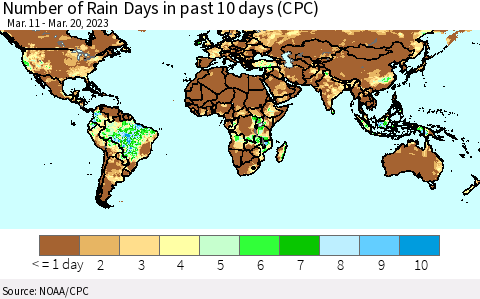 World Number of Rain Days in past 10 days (CPC) Thematic Map For 3/16/2023 - 3/20/2023
