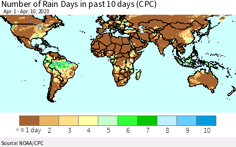 World Number of Rain Days in past 10 days (CPC) Thematic Map For 4/6/2023 - 4/10/2023