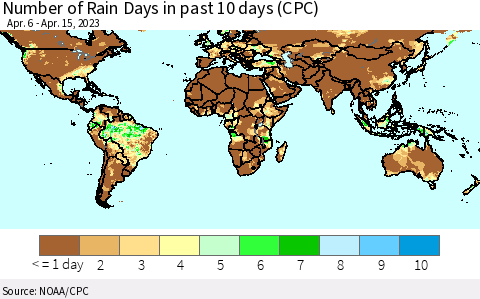 World Number of Rain Days in past 10 days (CPC) Thematic Map For 4/11/2023 - 4/15/2023