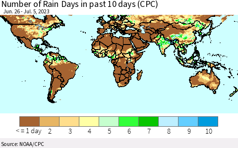World Number of Rain Days in past 10 days (CPC) Thematic Map For 7/1/2023 - 7/5/2023