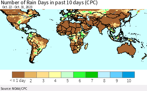 World Number of Rain Days in past 10 days (CPC) Thematic Map For 10/26/2023 - 10/31/2023