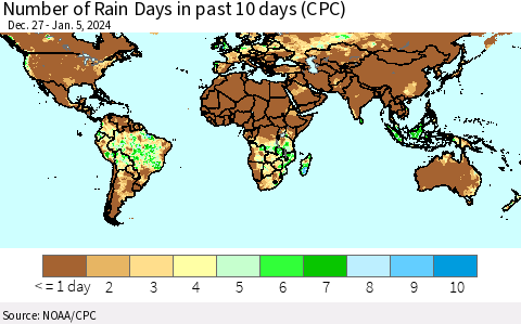 World Number of Rain Days in past 10 days (CPC) Thematic Map For 1/1/2024 - 1/5/2024