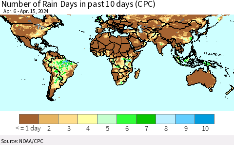 World Number of Rain Days in past 10 days (CPC) Thematic Map For 4/11/2024 - 4/15/2024