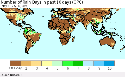 World Number of Rain Days in past 10 days (CPC) Thematic Map For 5/6/2024 - 5/10/2024