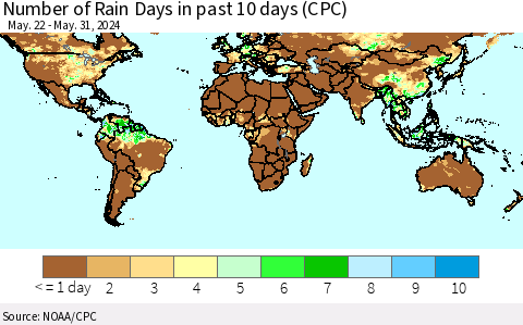 World Number of Rain Days in past 10 days (CPC) Thematic Map For 5/26/2024 - 5/31/2024