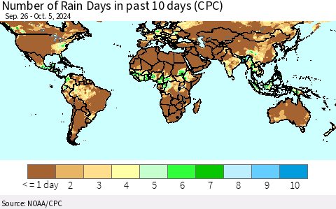 World Number of Rain Days in past 10 days (CPC) Thematic Map For 10/1/2024 - 10/5/2024