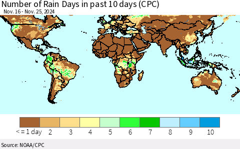 World Number of Rain Days in past 10 days (CPC) Thematic Map For 11/21/2024 - 11/25/2024