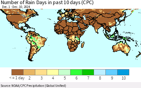 World Number of Rain Days in past 10 days (CPC) Thematic Map For 12/6/2024 - 12/10/2024