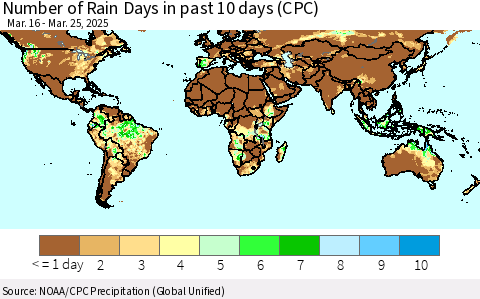 World Number of Rain Days in past 10 days (CPC) Thematic Map For 3/21/2025 - 3/25/2025