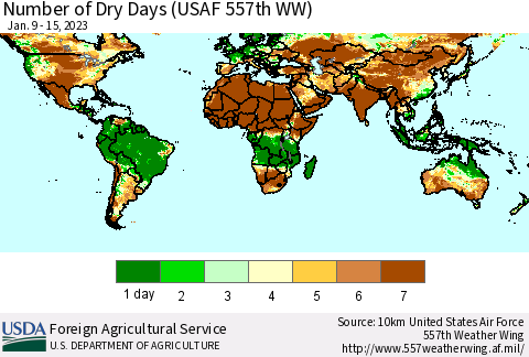World Number of Dry Days (USAF 557th WW) Thematic Map For 1/9/2023 - 1/15/2023