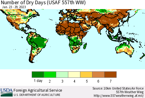 World Number of Dry Days (USAF 557th WW) Thematic Map For 1/23/2023 - 1/29/2023