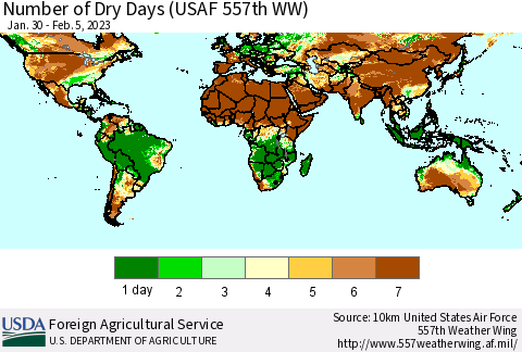 World Number of Dry Days (USAF 557th WW) Thematic Map For 1/30/2023 - 2/5/2023