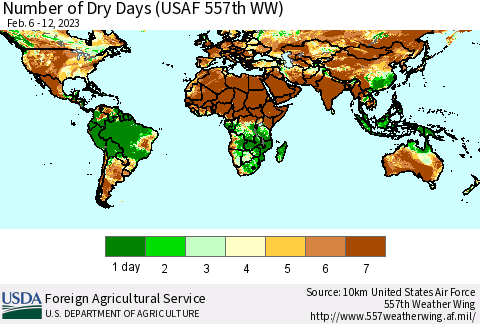 World Number of Dry Days (USAF 557th WW) Thematic Map For 2/6/2023 - 2/12/2023