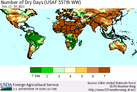 World Number of Dry Days (USAF 557th WW) Thematic Map For 2/13/2023 - 2/19/2023