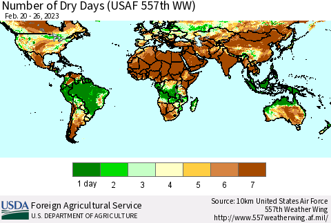 World Number of Dry Days (USAF 557th WW) Thematic Map For 2/20/2023 - 2/26/2023
